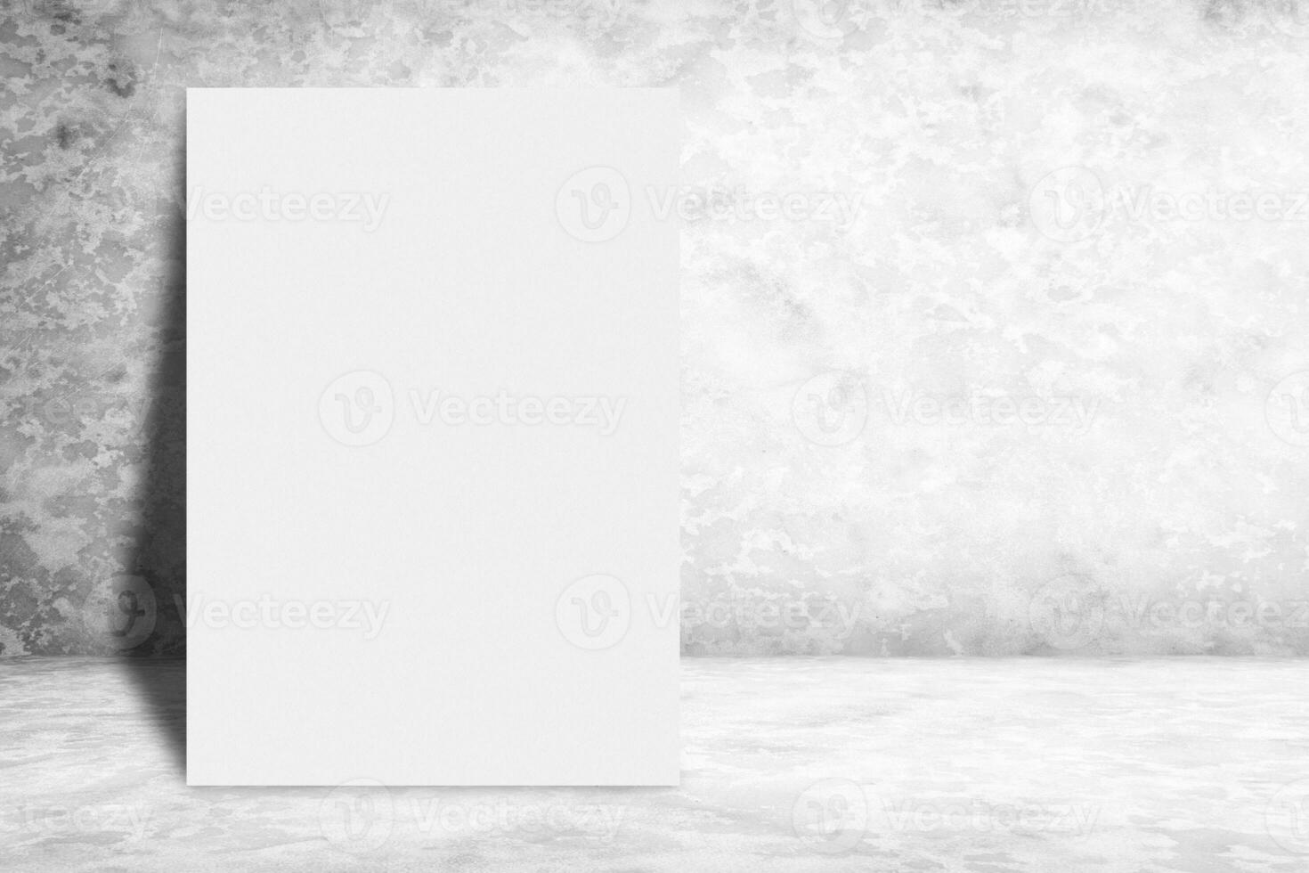 Blank Poster Leaning on White Grunge Concrete Wall Background Using for Product Presentation Backdrop. photo