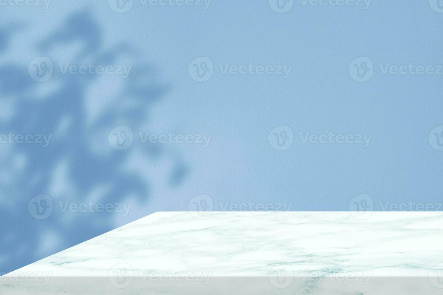 Minimal Cyan Marble Table Corner with Spotlight and Leave Shadow on the Blue Concrete Wall Background, Suitable for Product Presentation Backdrop, Display, and Mock up. photo
