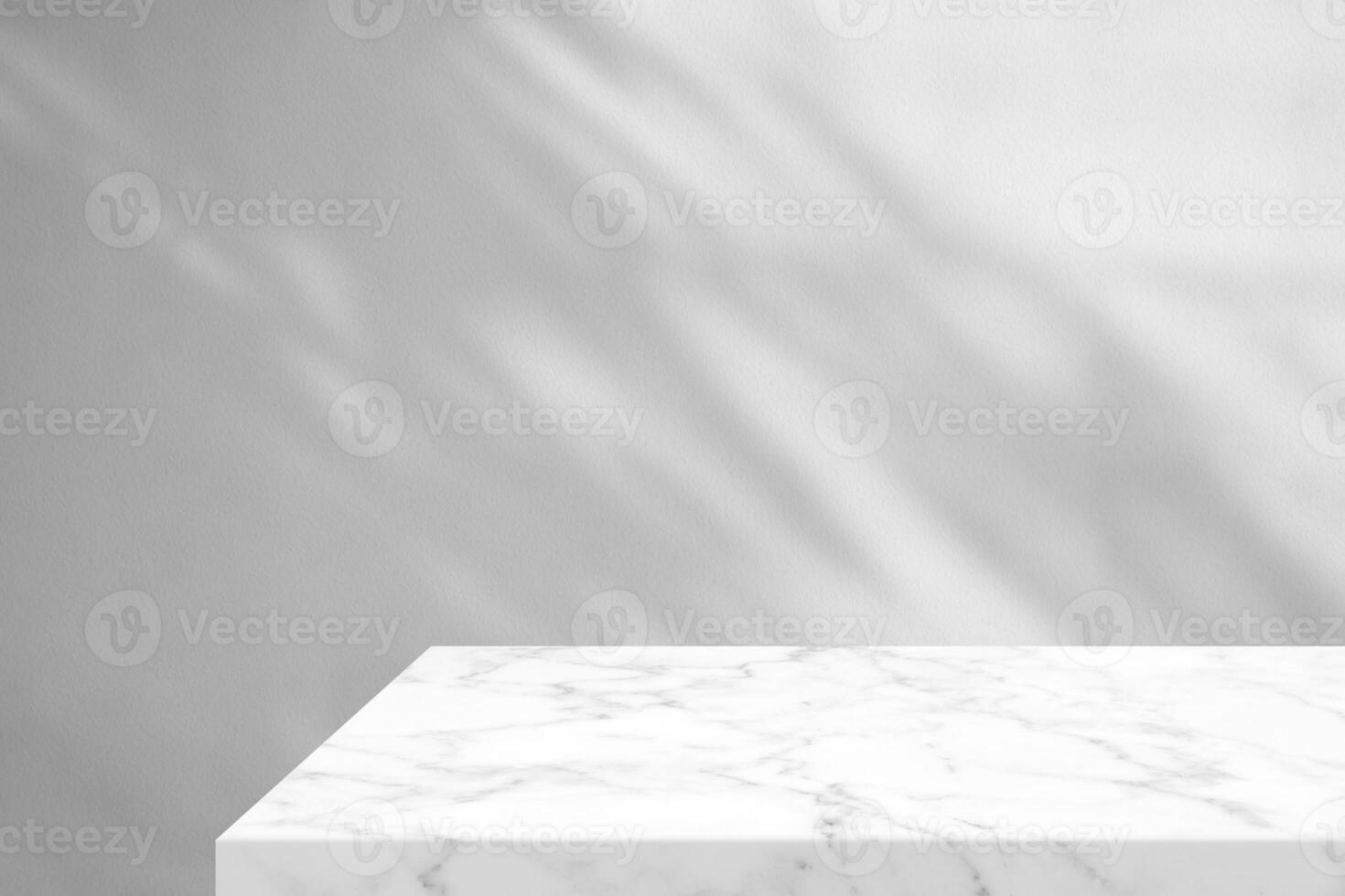 Minimal White Marble Table Corner with Shadow and Warm Light Beam on Concrete Wall Background, Suitable for Product Presentation Backdrop, Display, and Mock up. photo