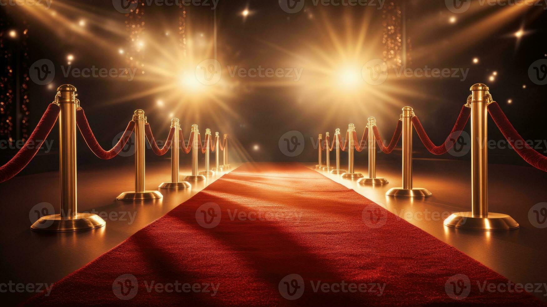 Red carpet and barriers with velvet rope, red curtains in the background and spotlight photo