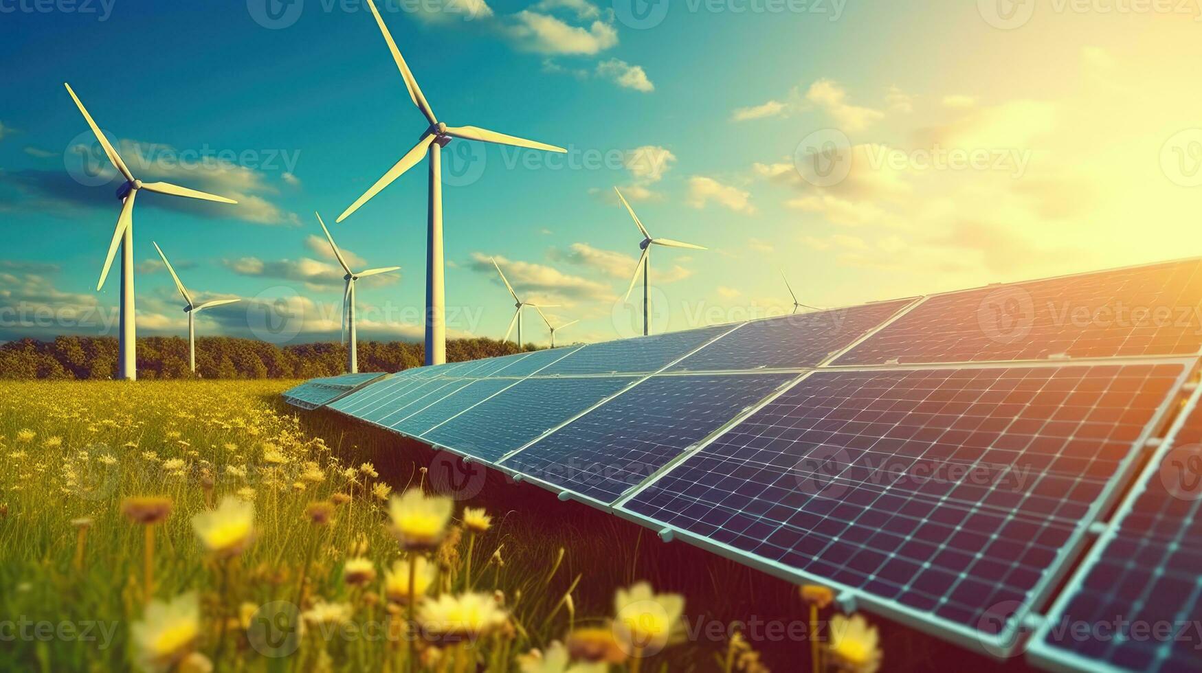 Solar panels and wind turbines in a field. Alternative energy sources. photo