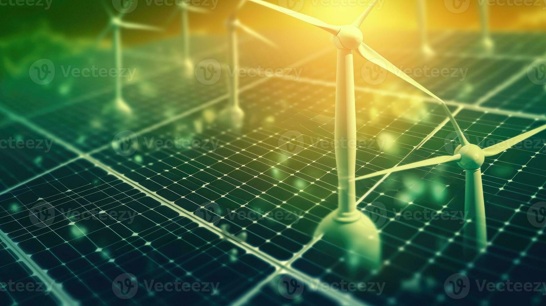 Solar panels and wind turbines in a field. Alternative energy sources. photo