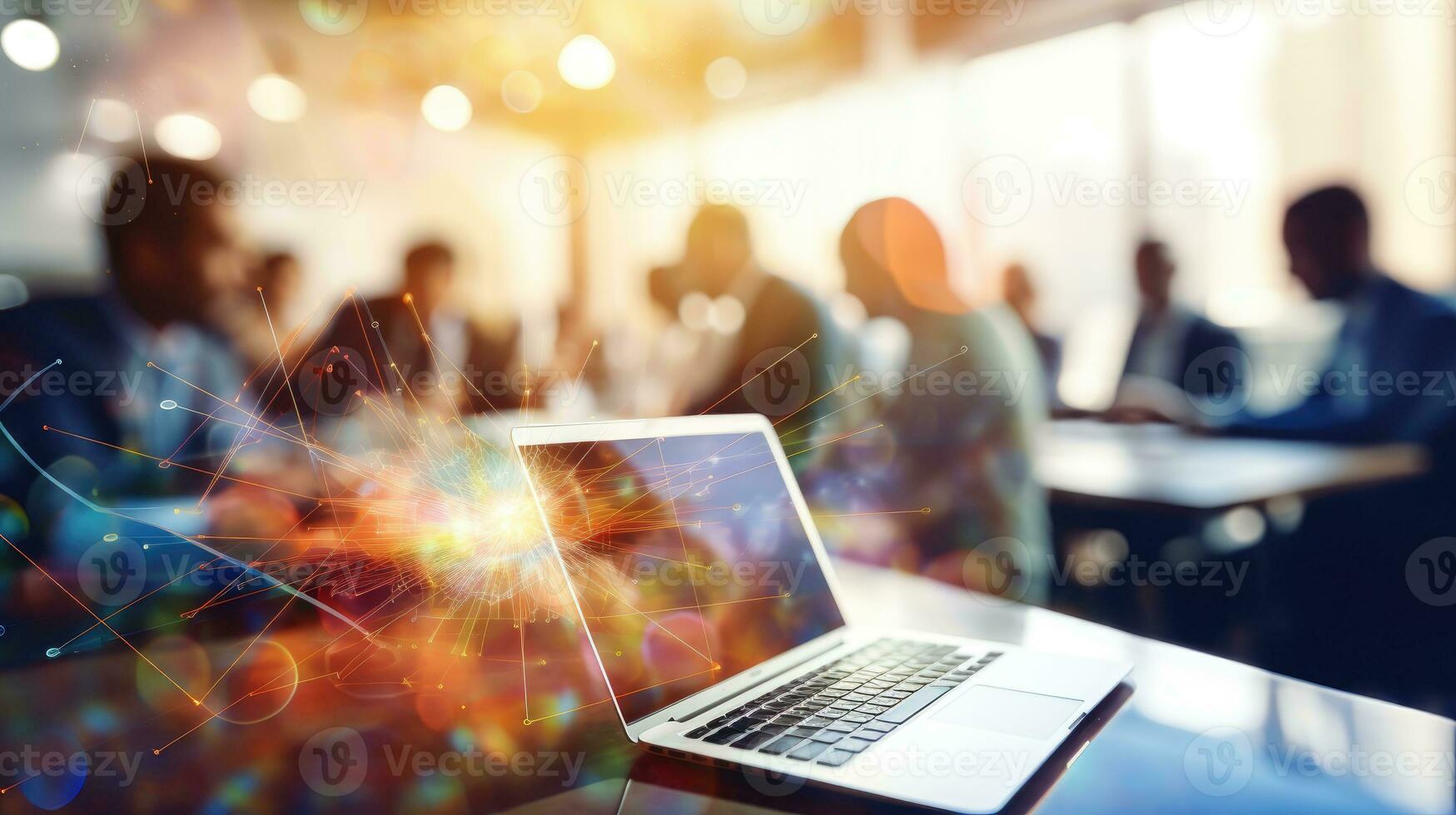 Laptop with abstract glowing connection lines on blurry office background. Technology and communication concept. Double exposure photo