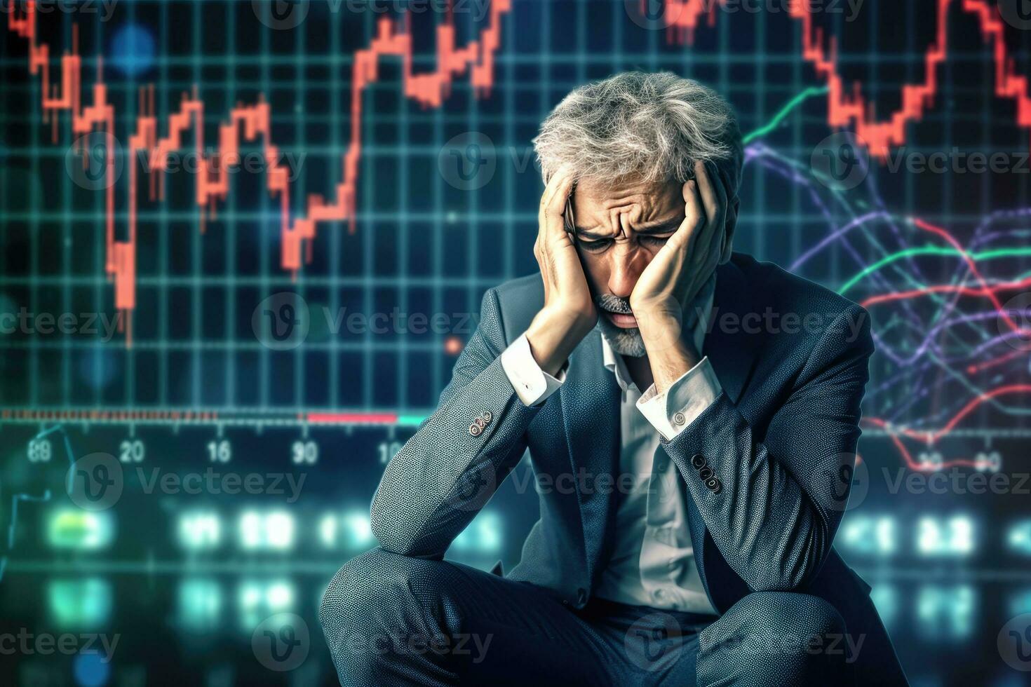 Thoughtful young businessman sitting on chair with forex chart on