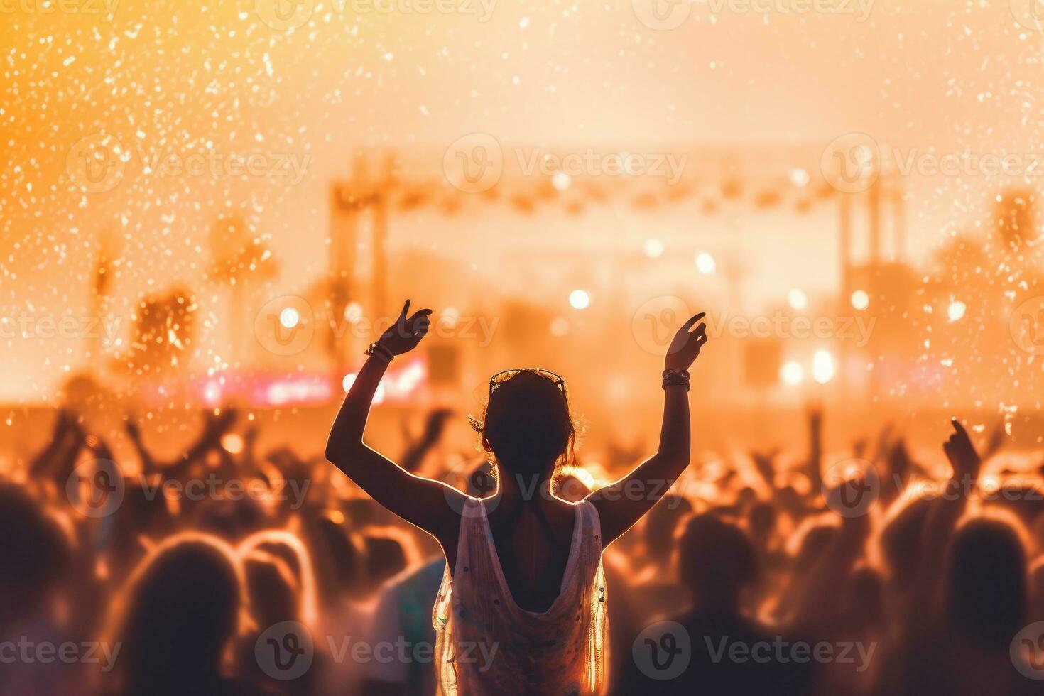 Crowd at concert - rear view of happy young woman with raised hands photo