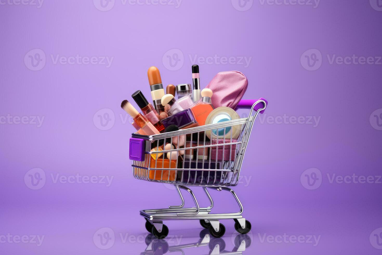 Shopping cart full of makeup products isolated on purple background. Copy space. photo