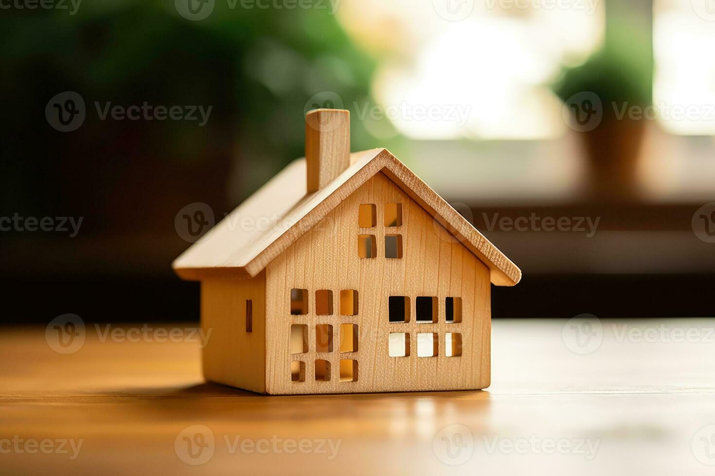 un de madera casa en mesa, real inmuebles concepto foto