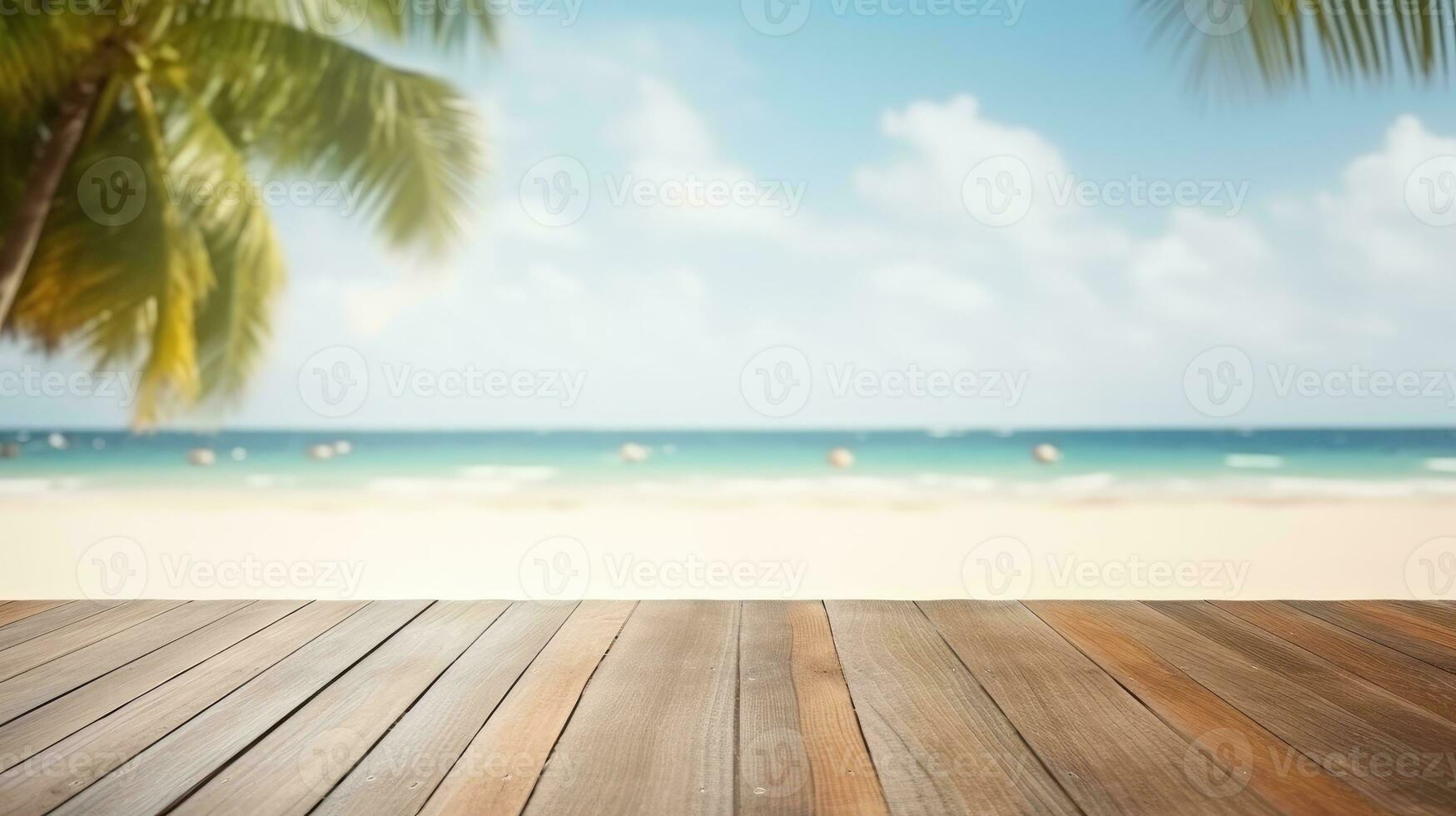 wooden table set against a backdrop of the sea, an island, and a vibrant blue sky. photo