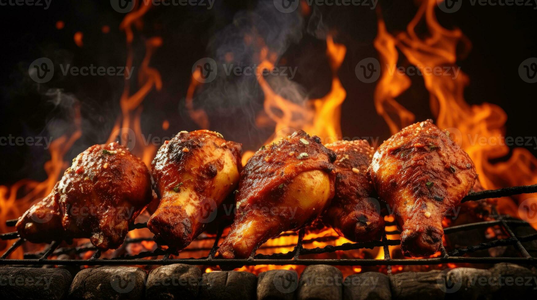 Roasted chicken legs on the grill with flames and smoke, close up photo