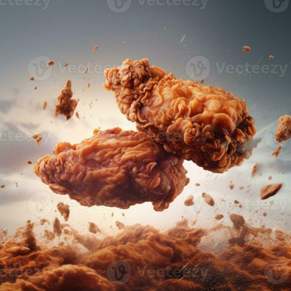 Delicious crispy BBQ fried chicken wings fly in air photo