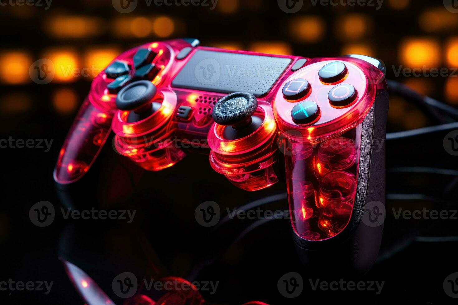 video game controller on a black background with neon lights. close up photo