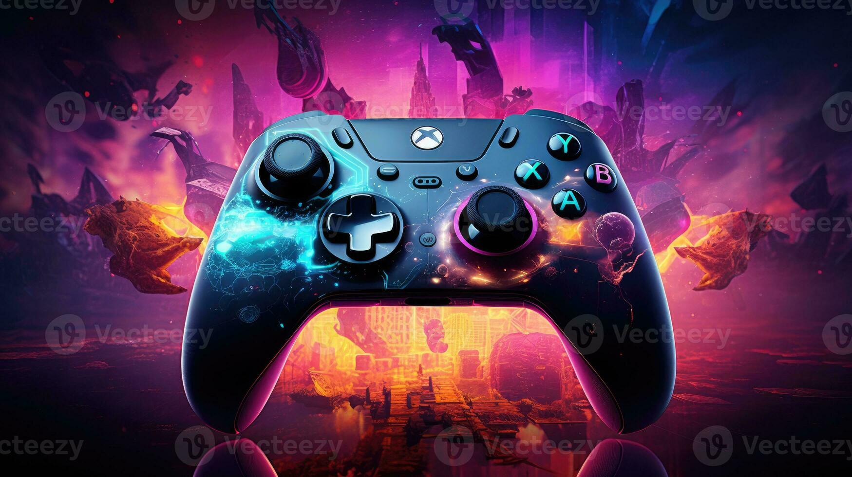 Gamepad on abstract colorful watercolor splashes background photo