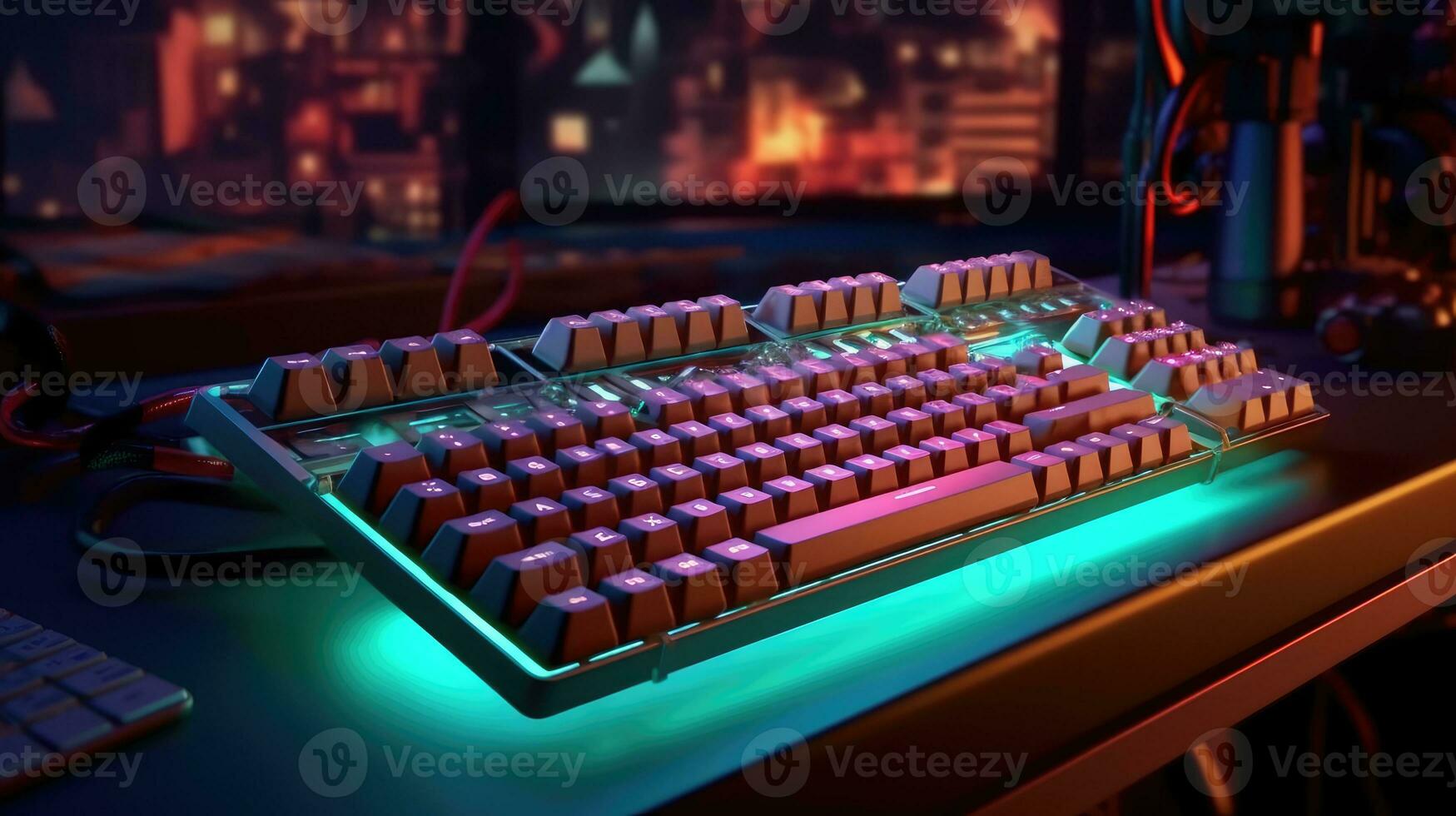 Computer gaming keyboard with neon lights on a interior gaming room background photo