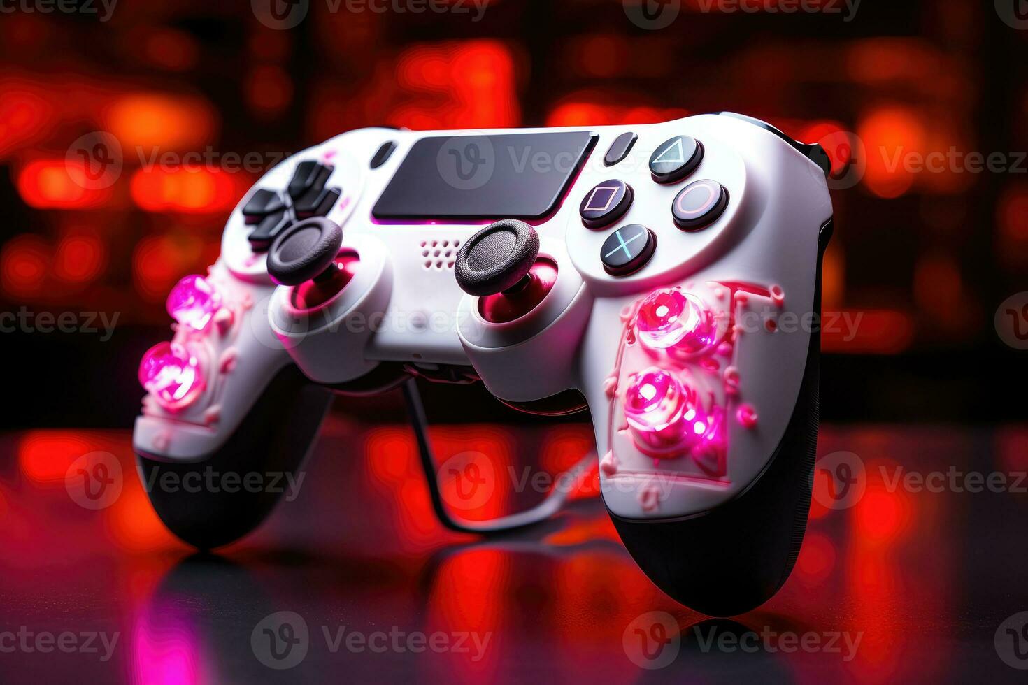 vídeo juego controlador en un negro antecedentes con neón luces. cerca arriba foto