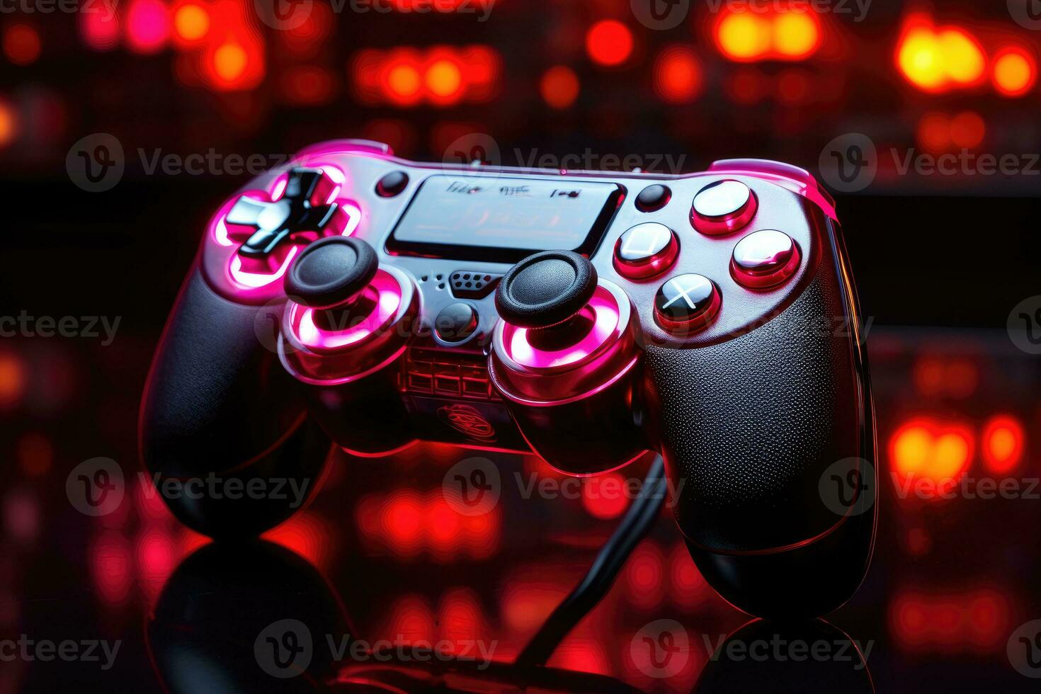video game controller on a black background with neon lights. close up photo