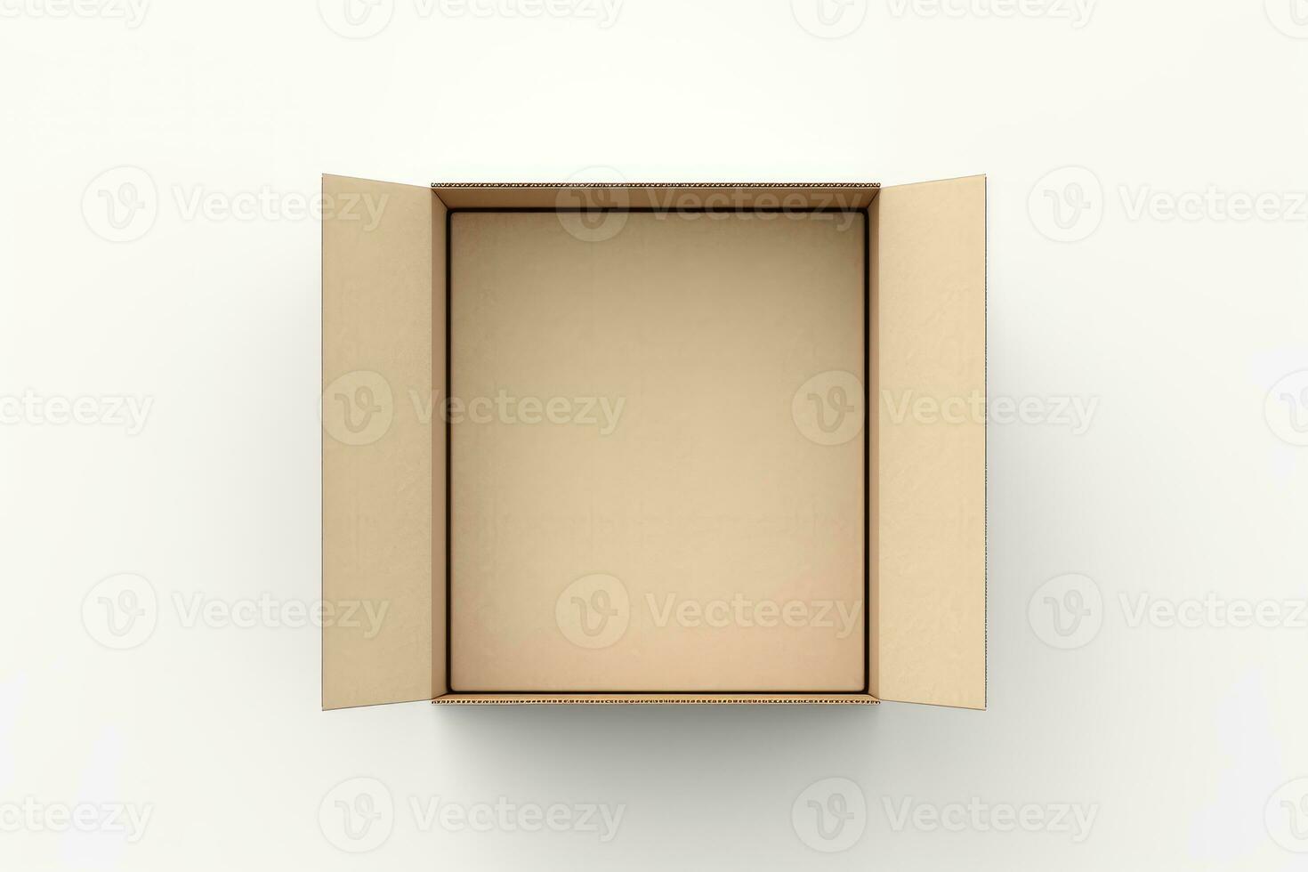 Top view of open cardboard box mockup on white background, photo