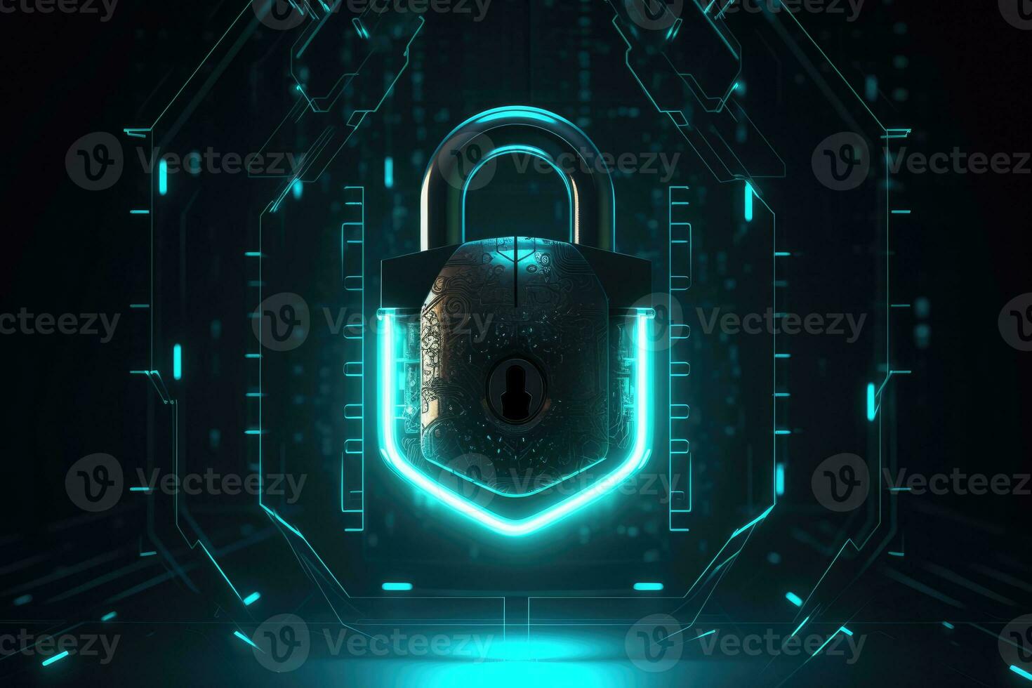 Cyber security concept. Shield padlock with keyhole on circuit board background, neon lights background photo