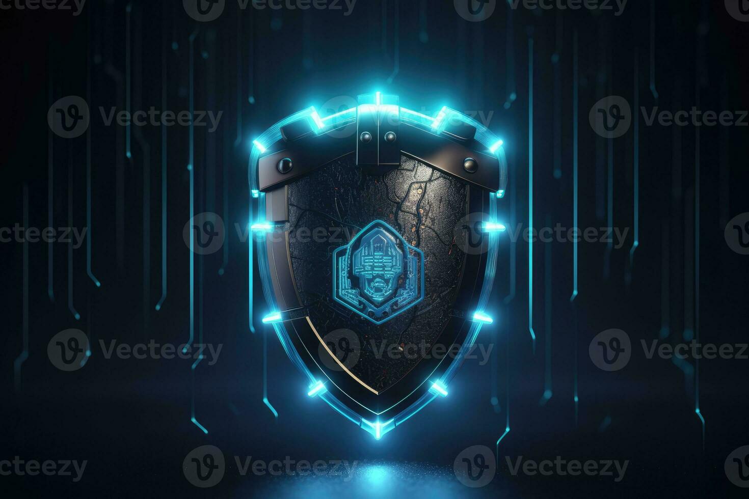 Cyber security concept. Shield padlock with keyhole on circuit board background, neon lights background photo