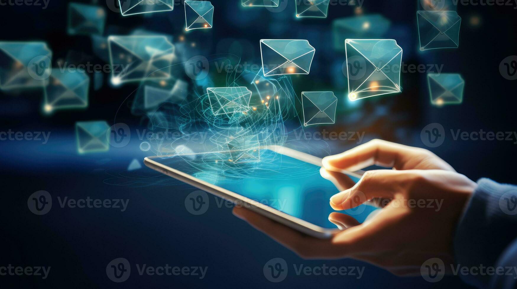 Close up of businesswoman using tablet pc with abstract glowing email icons photo