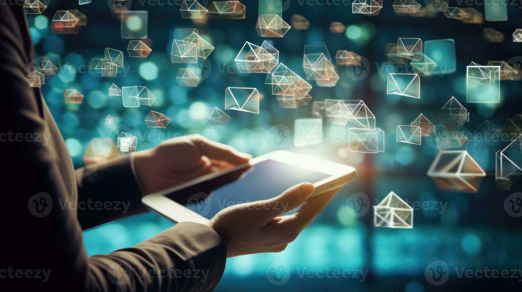 Close up of businesswoman using tablet pc with abstract glowing email icons photo