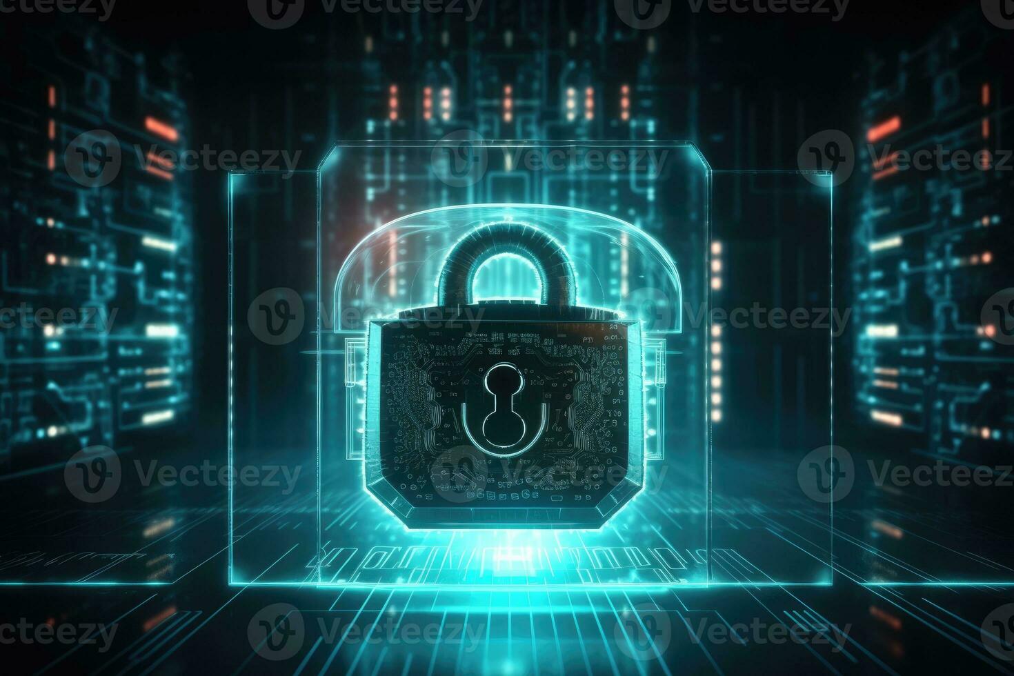 Cyber security concept. Shield padlock with keyhole on circuit board background, neon lights background photo
