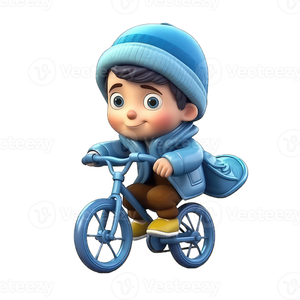 cute 3d character boy wear a jacket and ride a cycle, transparent background png