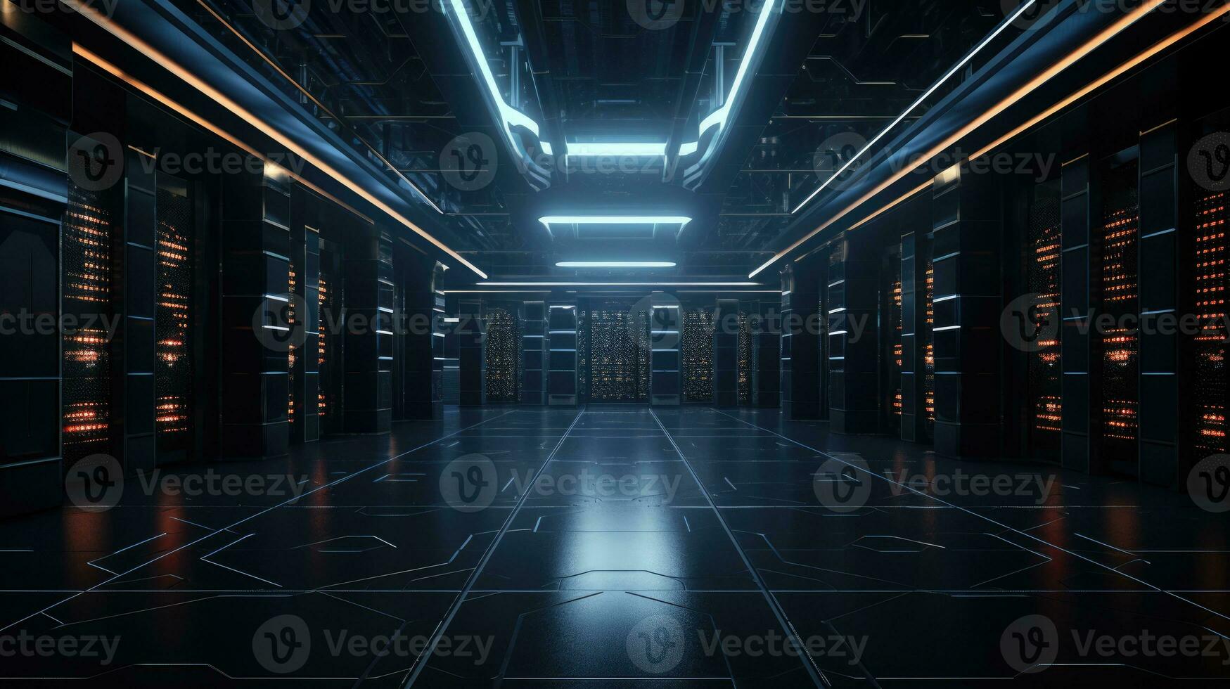futuristic server room or data center corridor with neon lights in dark background photo