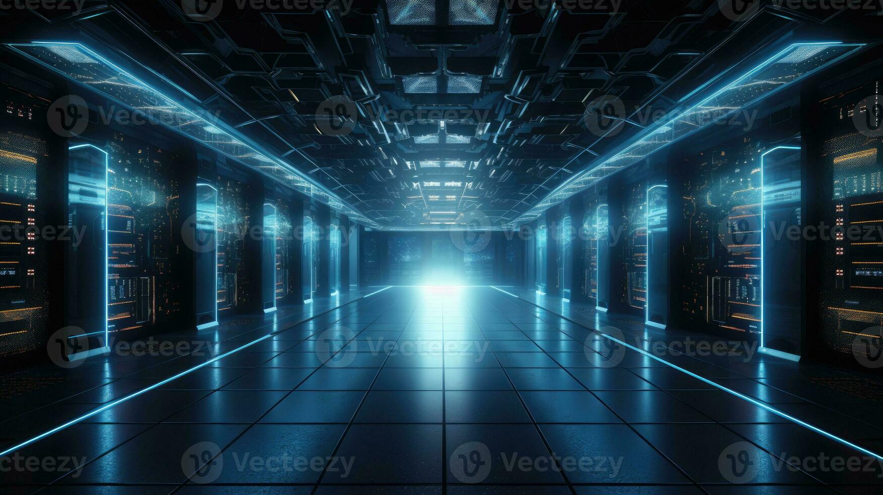 futuristic server room or data center corridor with neon lights in dark background photo