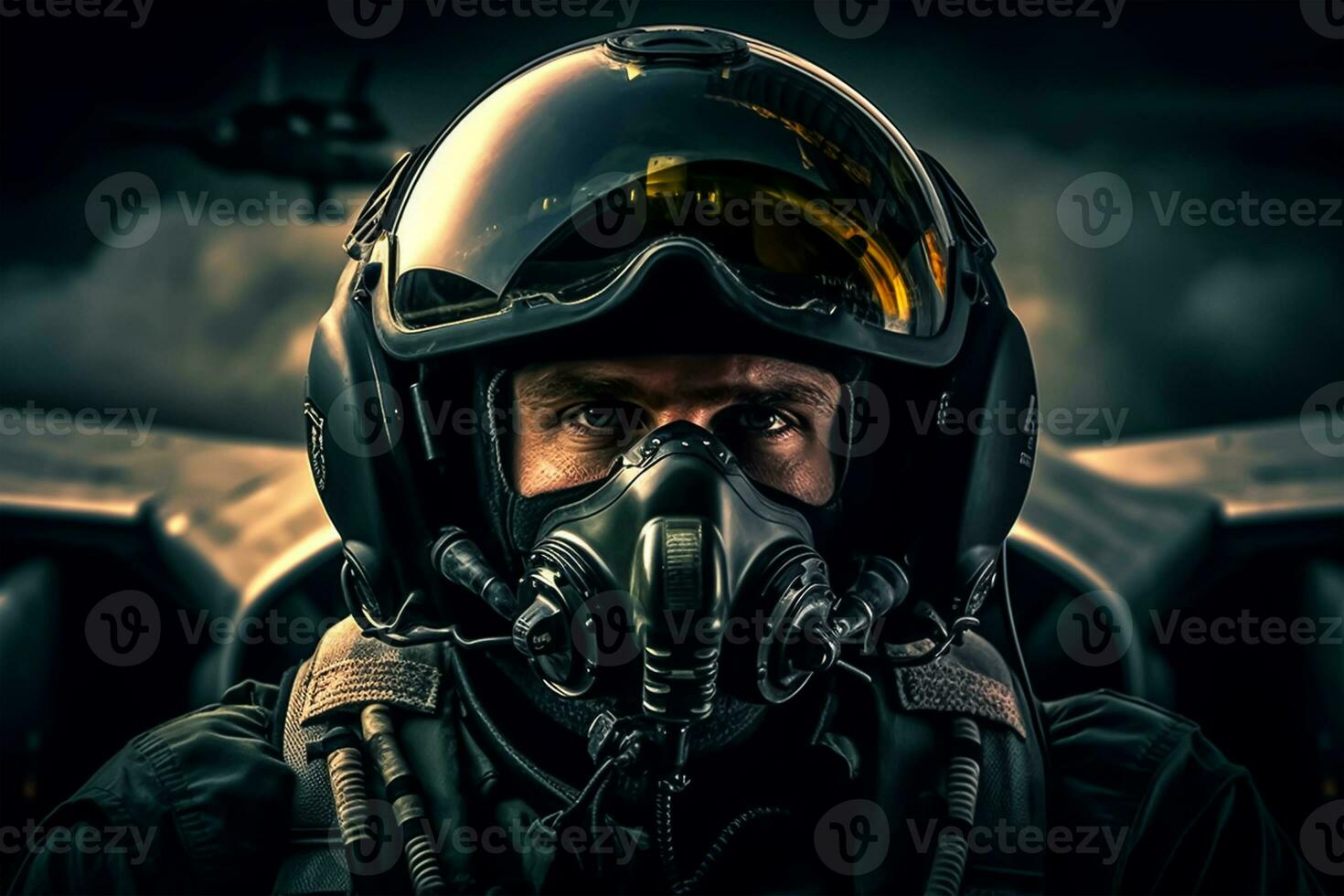 Portrait of a pilot in a helmet and gas mask against the background of an airplane photo