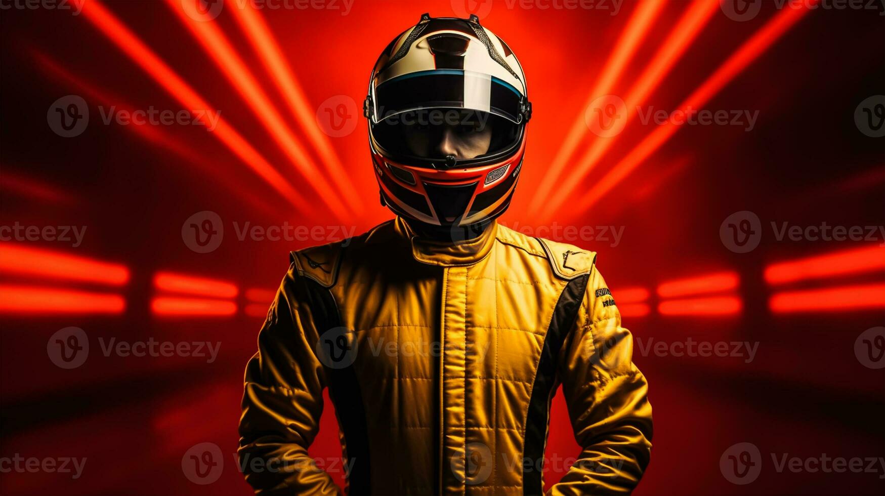 Close up of racing driver against race track with red lights photo