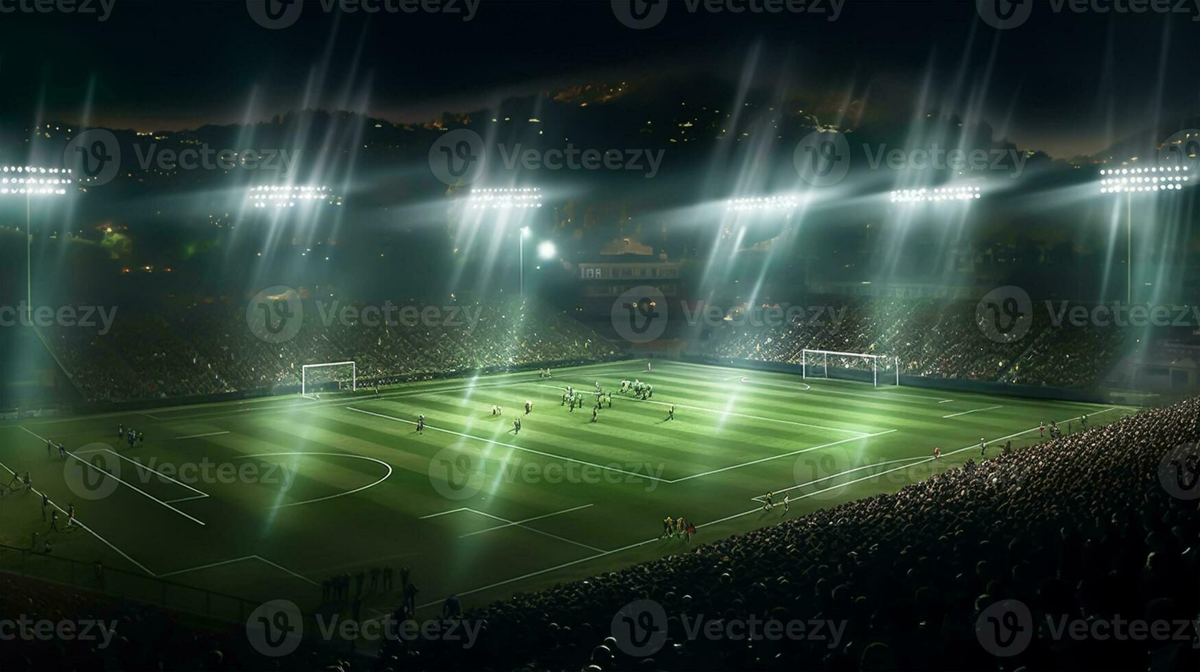 Soccer stadium at night with bright lights photo