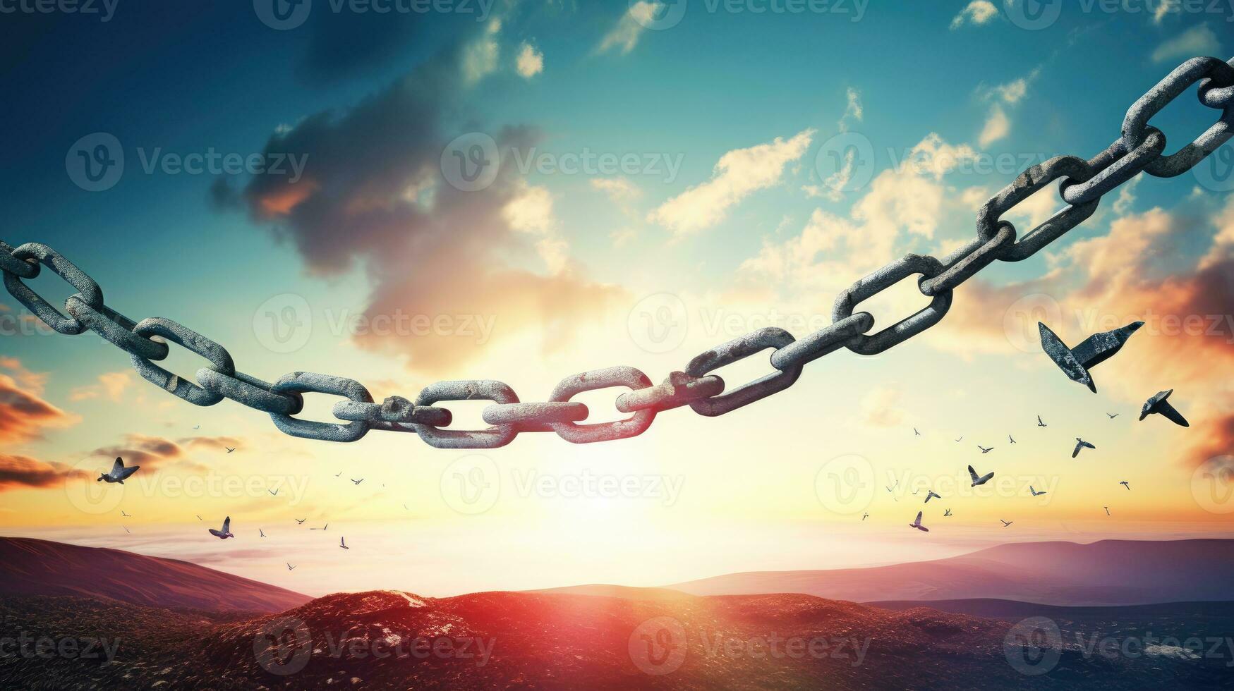 Conceptual image of broken chain against blue sky with white clouds photo
