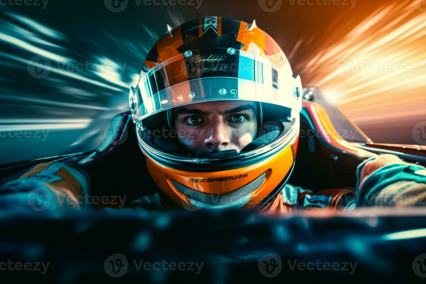 Close-up portrait of a young man driving a fast car on the race track. photo