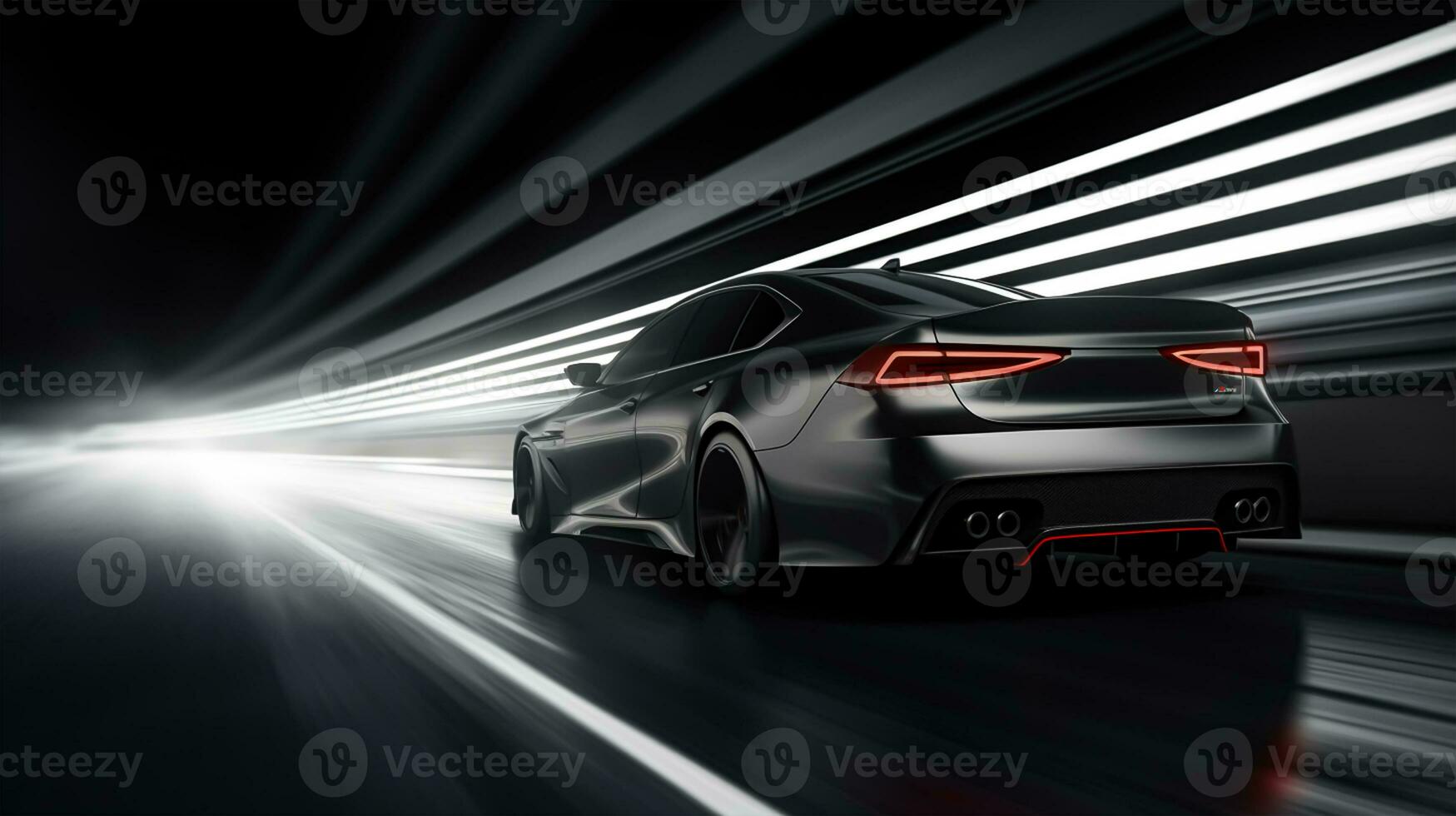 Fast drive black luxury sport car moving high speed on the road race track with motion blur effect photo