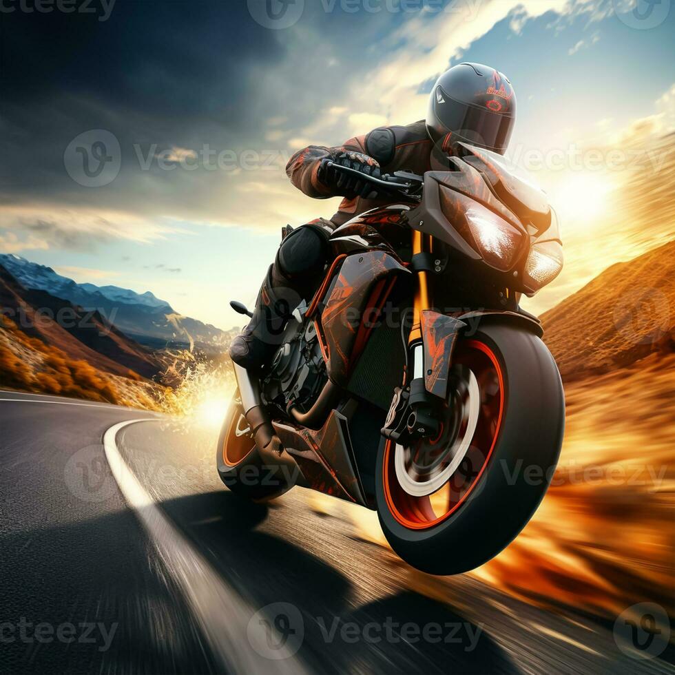 Motorcycle rider riding on the highway road. Extreme sport concept. bike race on track photo