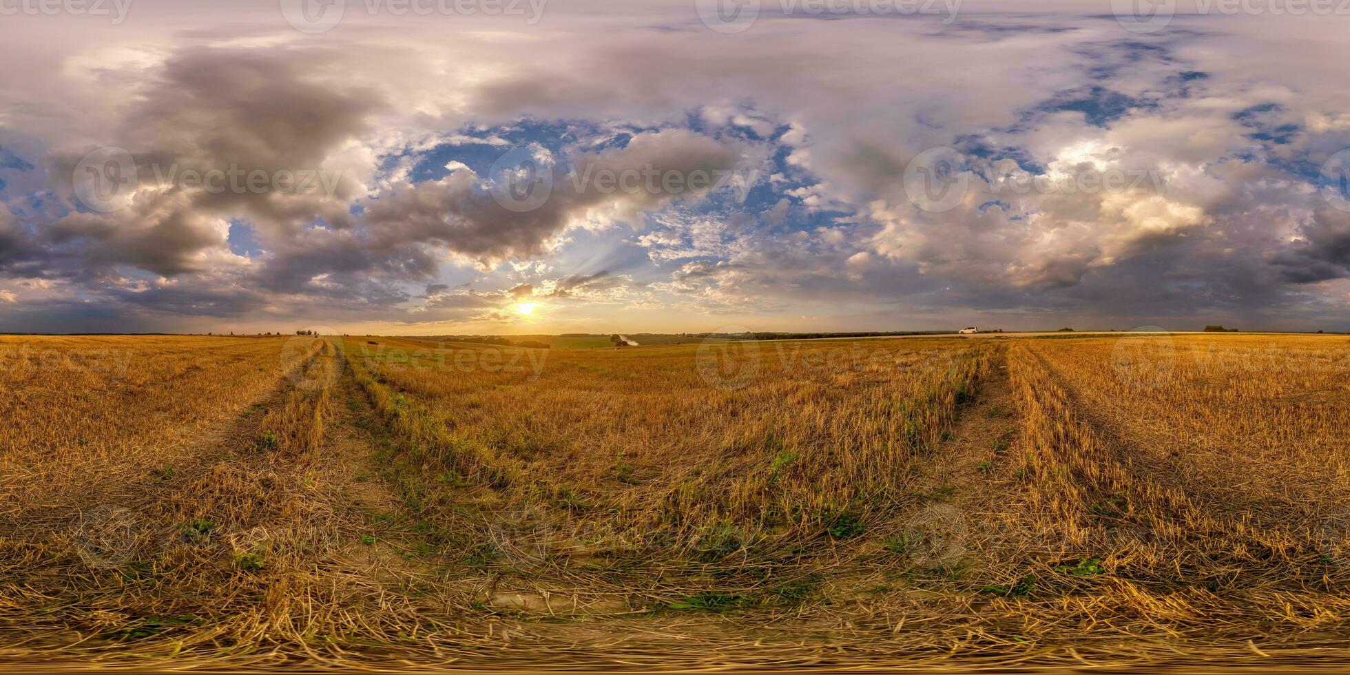 spherical 360 hdri panorama among farming field with clouds on evening blue sky in twilight before sunset in equirectangular seamless projection, as sky dome replacement in drone panoramas photo