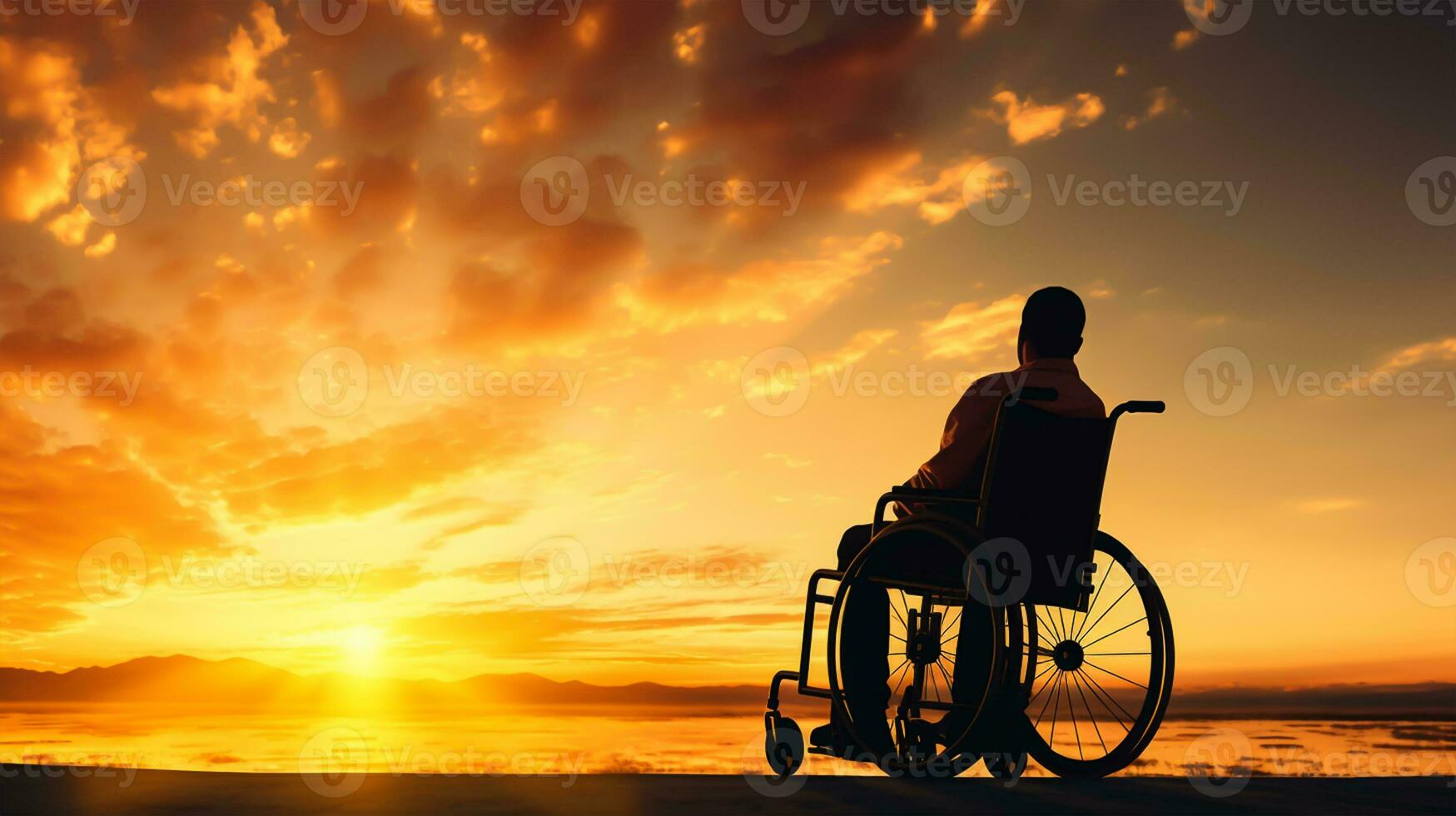 silueta de discapacitado hombre en silla de ruedas a el playa durante atardecer, inhabilitar día foto