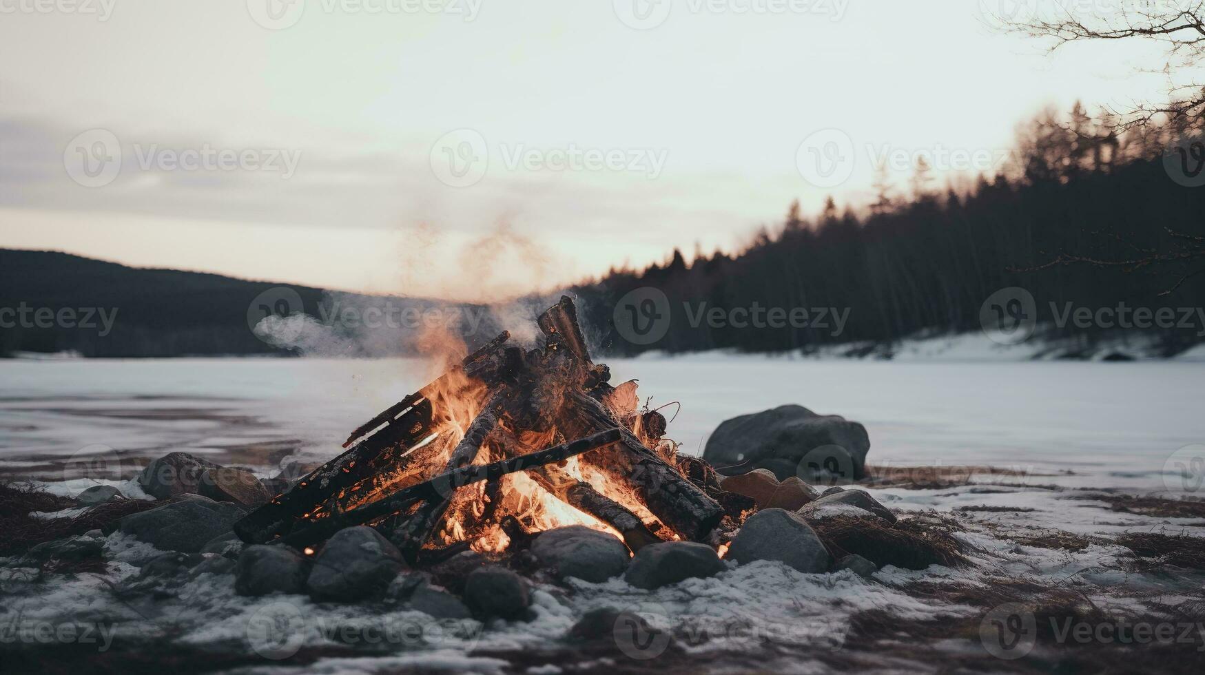 AI generated Generative AI, Burning bonfire, beautiful winter landscape, camping outdoor concept in neutral muted colors, tourist camp photo