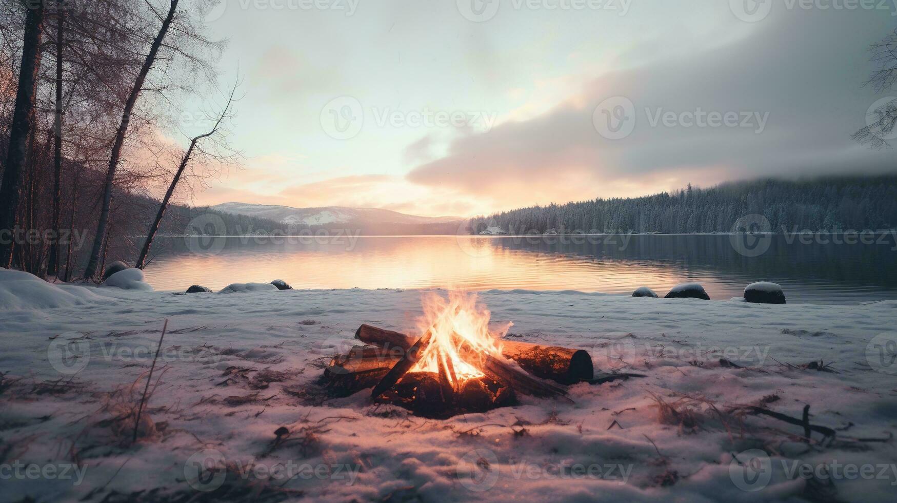 AI generated Generative AI, Burning bonfire, beautiful winter landscape, camping outdoor concept in neutral muted colors, tourist camp photo
