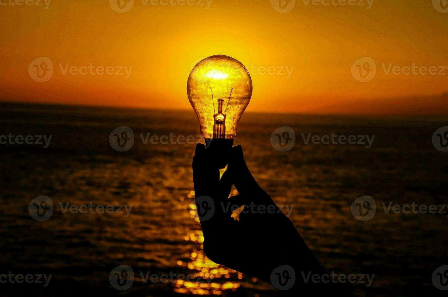 a person holding up a light bulb in front of the sunset photo
