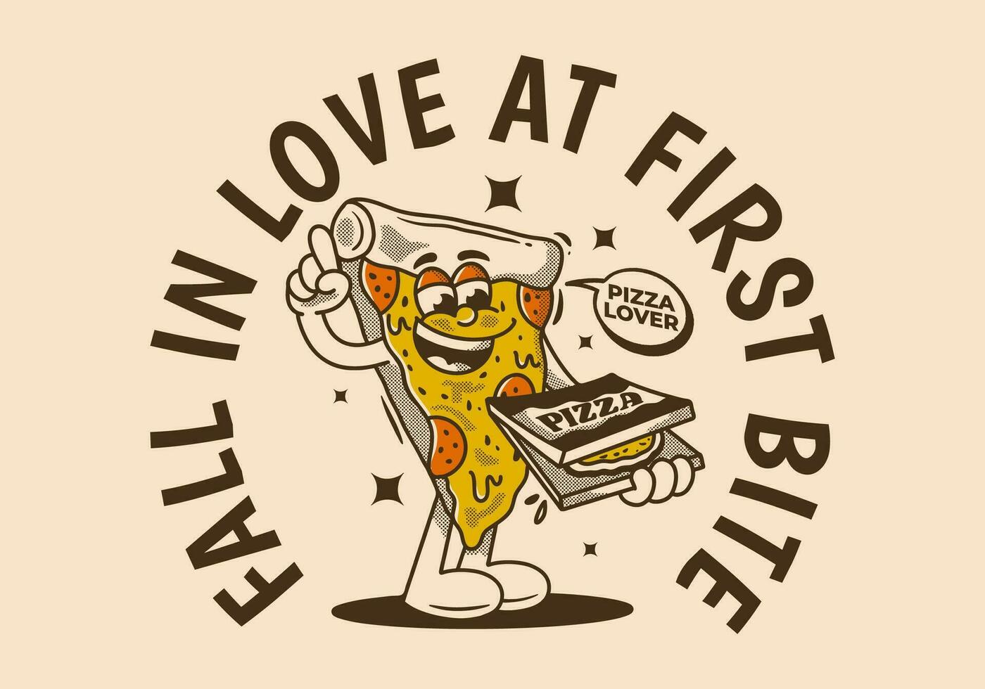 Fall in love at first bite. Character of pizza holding a box pizza vector