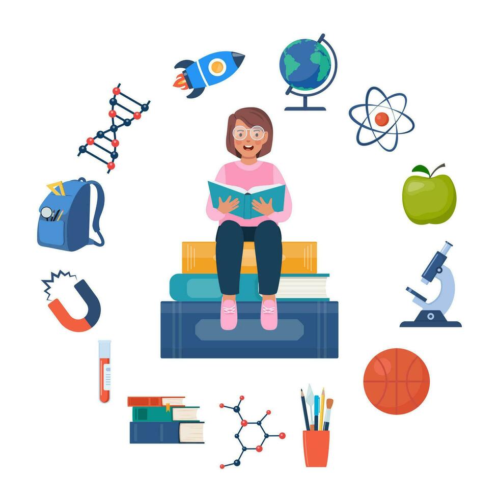 School, science and education icons around school kid. Girl kid getting knowledge, reading book. Microscope, atom, pupils, books, magnet, globe, basketball. Back to school. Vector illustration.