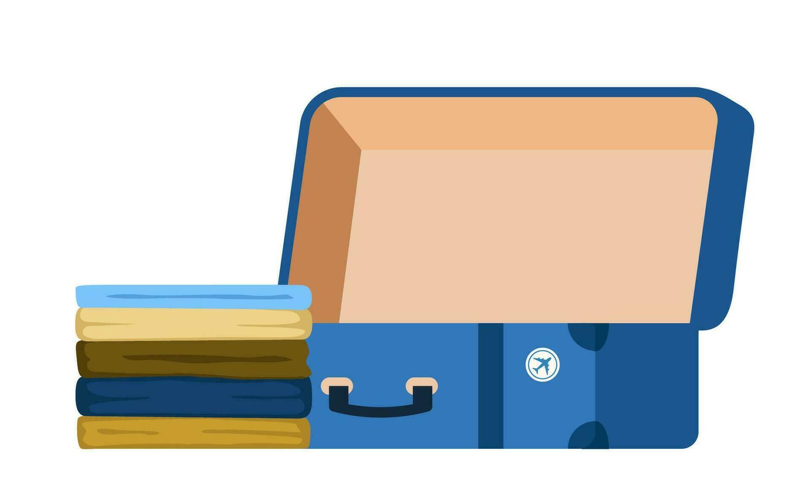 Pile of clothes and suitcase. Packing luggage for business trip or vacation. Stack of clothes and baggage. Vector illustration.