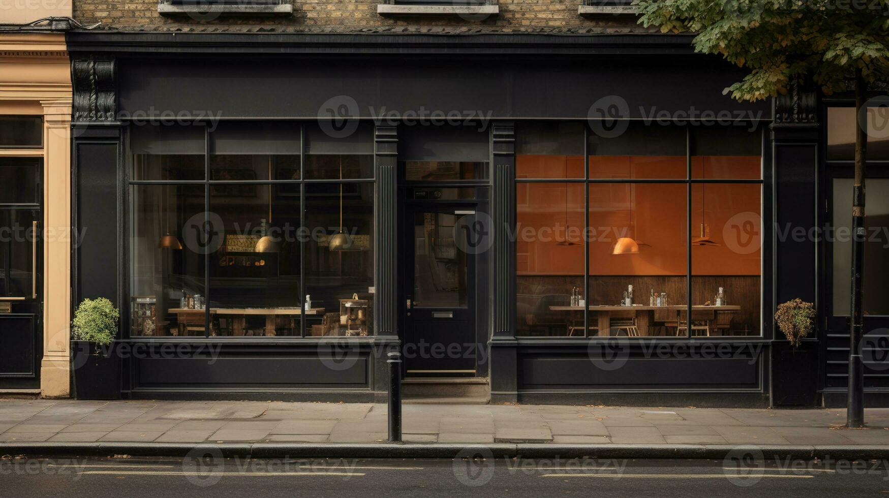 AI generated Generative AI, black exterior cafe, restaurant or shop. Urban building, street facade photo