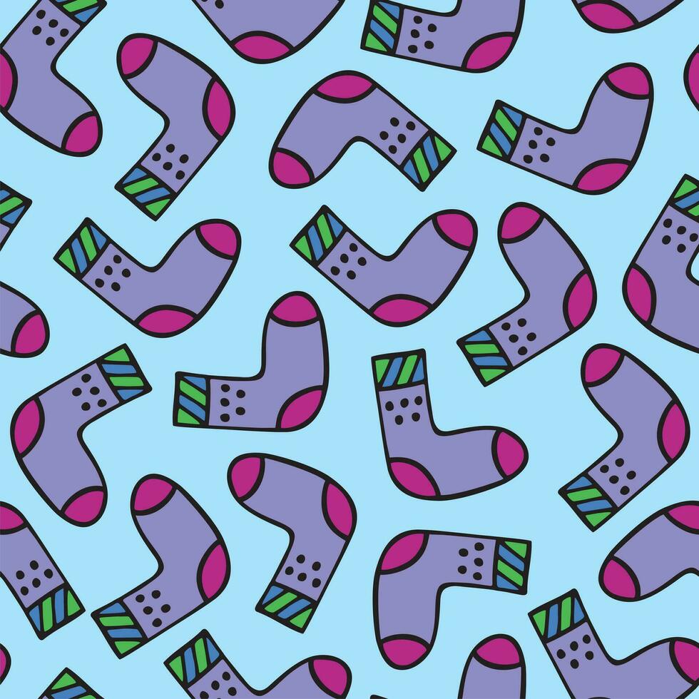 Seamless pattern with doodle warm socks with different texture and color. Vector winter hand drawn socks. Christmas and Happy New Year background with knitted socks.