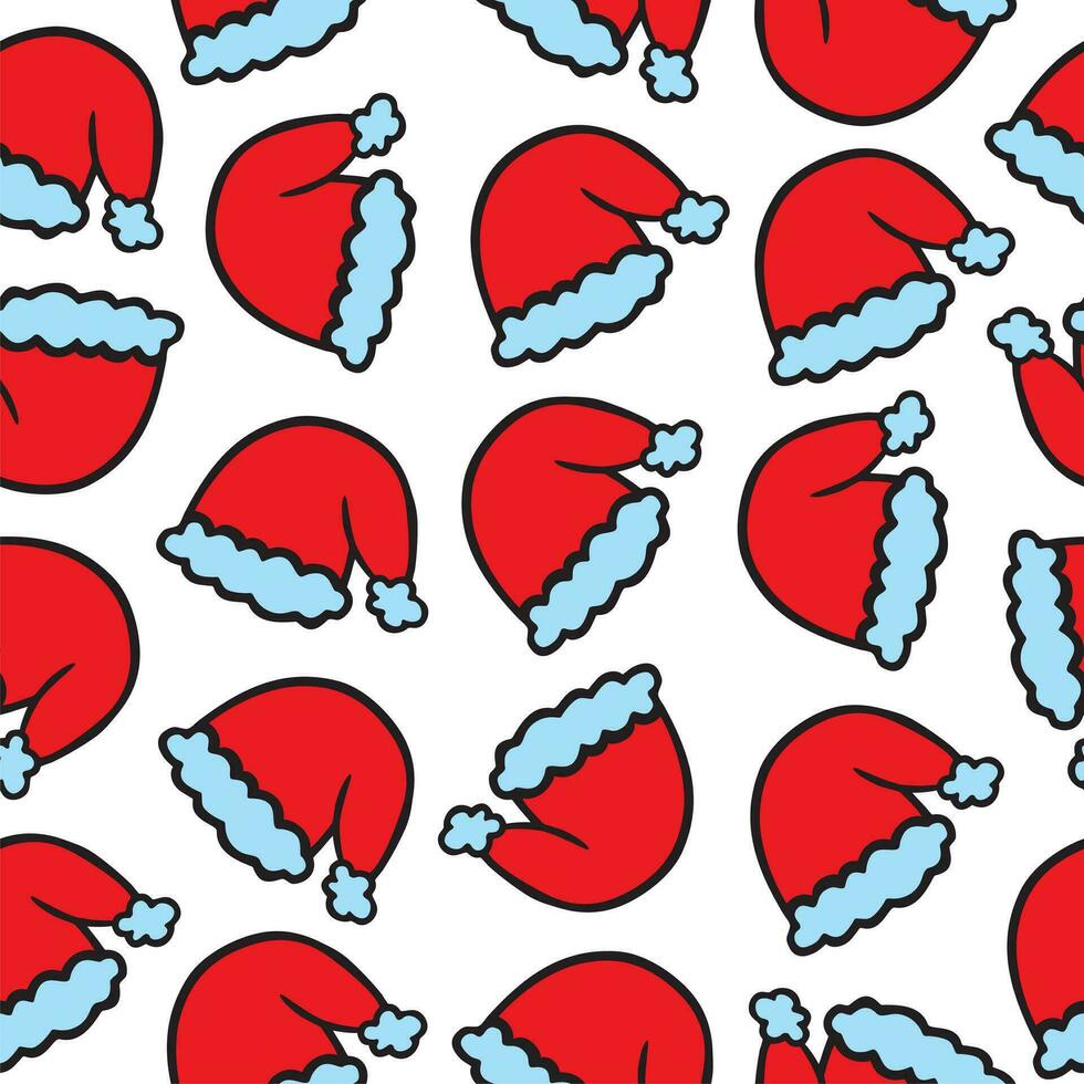 Santa hats vector seamless pattern. Retro, vintage style. Red Santa cap for textile print or wrapping paper. New year, Merry Christmas print design in hand drawn style