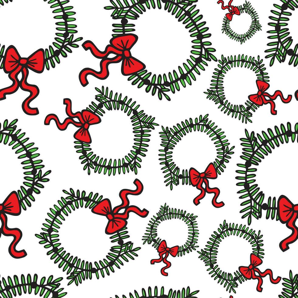 Green Christmas wreath with black outline on white background. Seamless pattern, Christmas concept. vector
