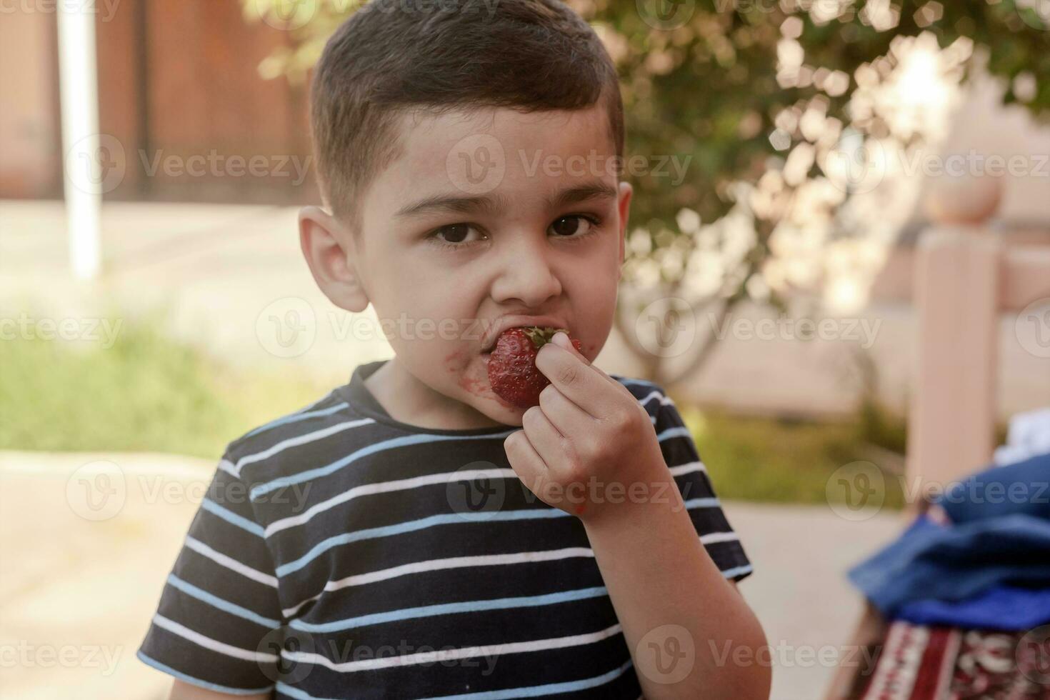 A little boy eating strawberries. Summer food. A young kid eats a yummy strawberry in hot summer day photo