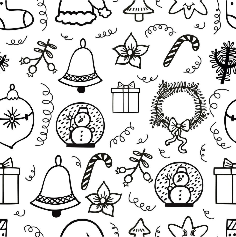 Cute Christmas seamless pattern. New Year's gifts, Christmas balls, twigs, flowers, stars and festive confetti. Vector hand-drawn illustration in doodle style. Perfect for wrapping paper, packaging.