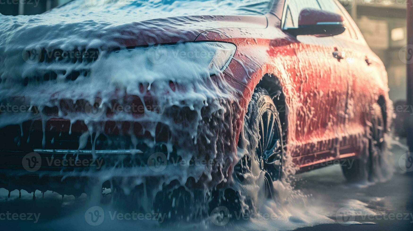 AI generated Generative AI, car wash with foam soap, high pressure vehicle washer machine sprays foam, self service photo